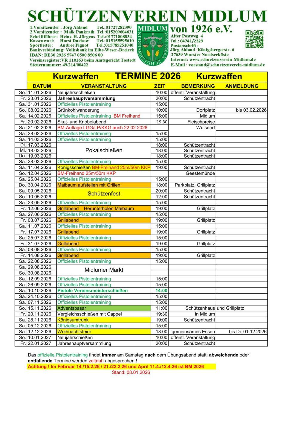 Termine Pistole 2026